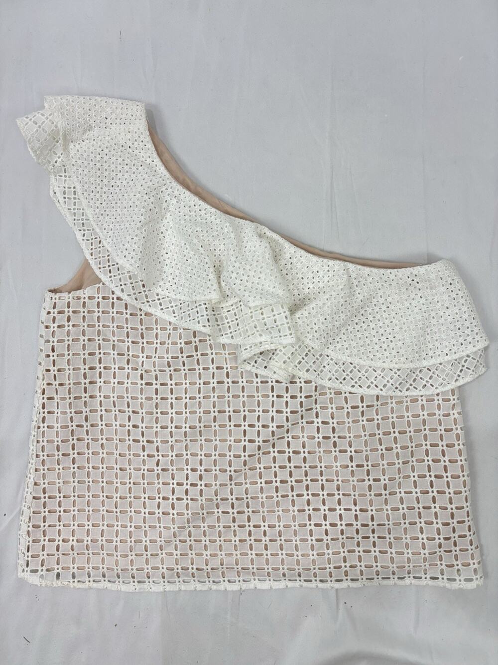 NWT J Crew One Shoulder Ruffle Eyelet Top Sz 12 White Cotton Nude Lining Fairy